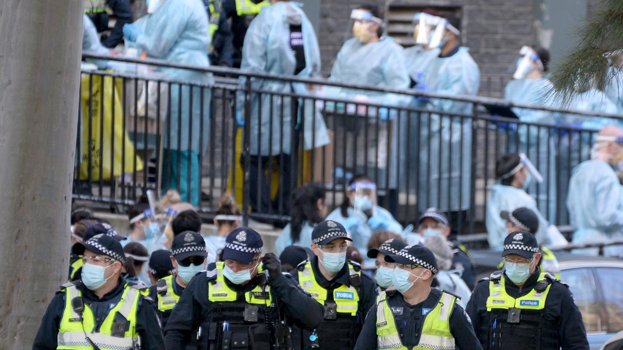 Police and healthcare workers have flooded the nine towers in a desperate bid to test all residents. Picture: NCA NewsWire / Andrew Henshaw