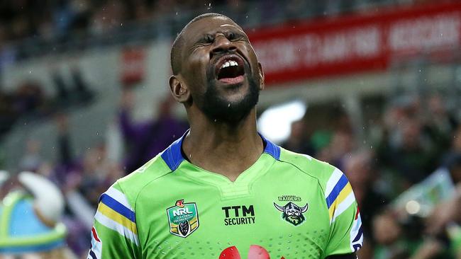 Raiders winger Edrick Lee reacts after bombing a try against the Storm in the preliminary final. Picture: George Salpigtidis