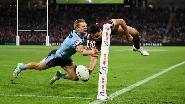 Tom Trbojevic was dominant in attack and defence, coming up with this try-saving tackle. Picture: NRL Images.