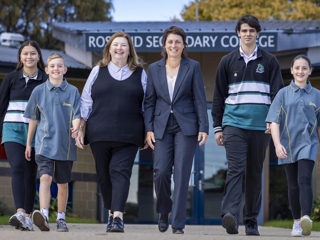 Rosebud Secondary College principal Lisa Holt and literacy leader Wendy Coustley with students Hani Mears, 17, Ethan Jeffery, 13, Troy Tait, 17 and Hayley Searl, 13. Picture: Wayne Taylor