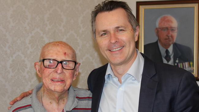 Albert Collins with Blaxland federal Labor MP Jason Clare on his 104th birthday.