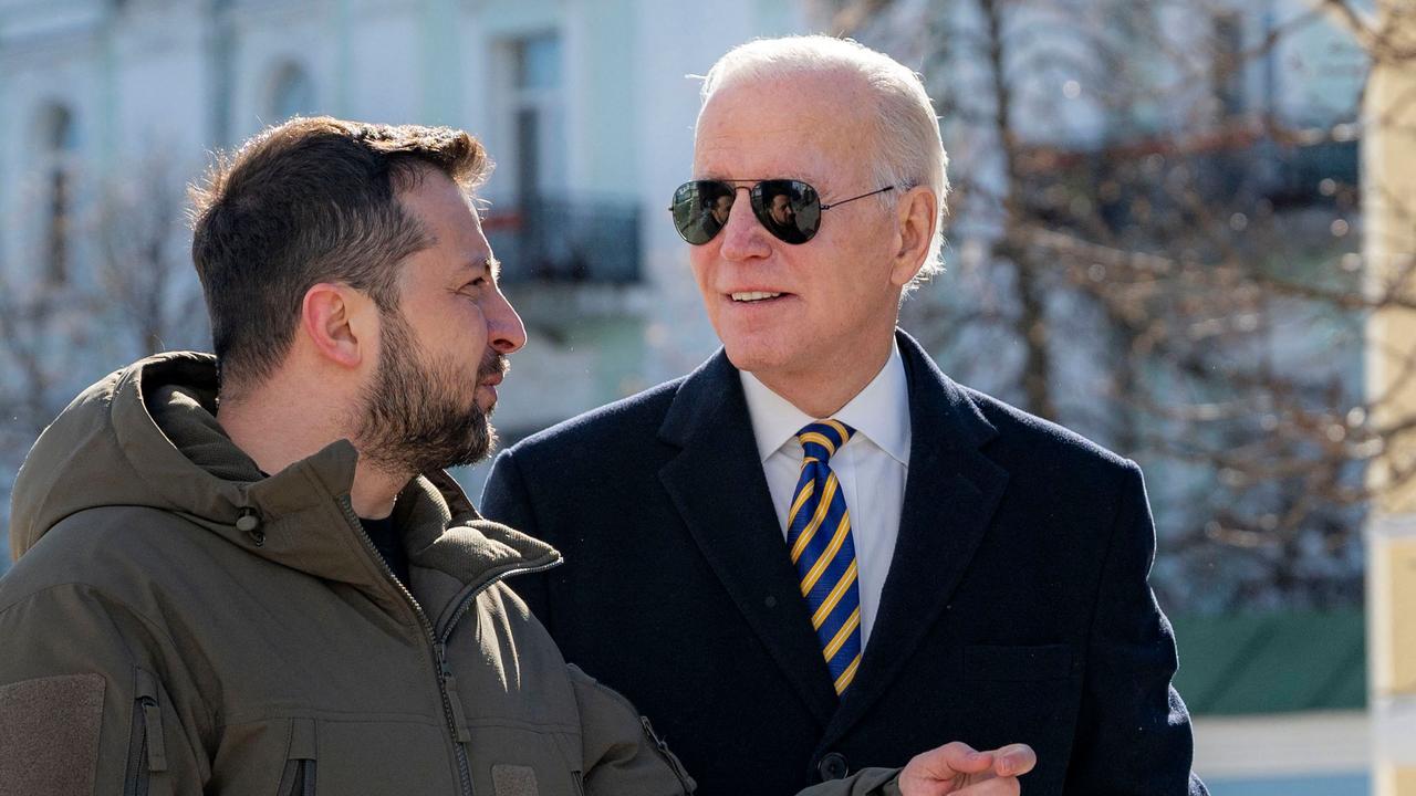 Ukrainian President Volodymyr Zelensky in front of St. Michael’s Golden-Domed Cathedral in Kyiv with US President Joe Biden. Picture: Ukrainian Presidential Press Service/AFP