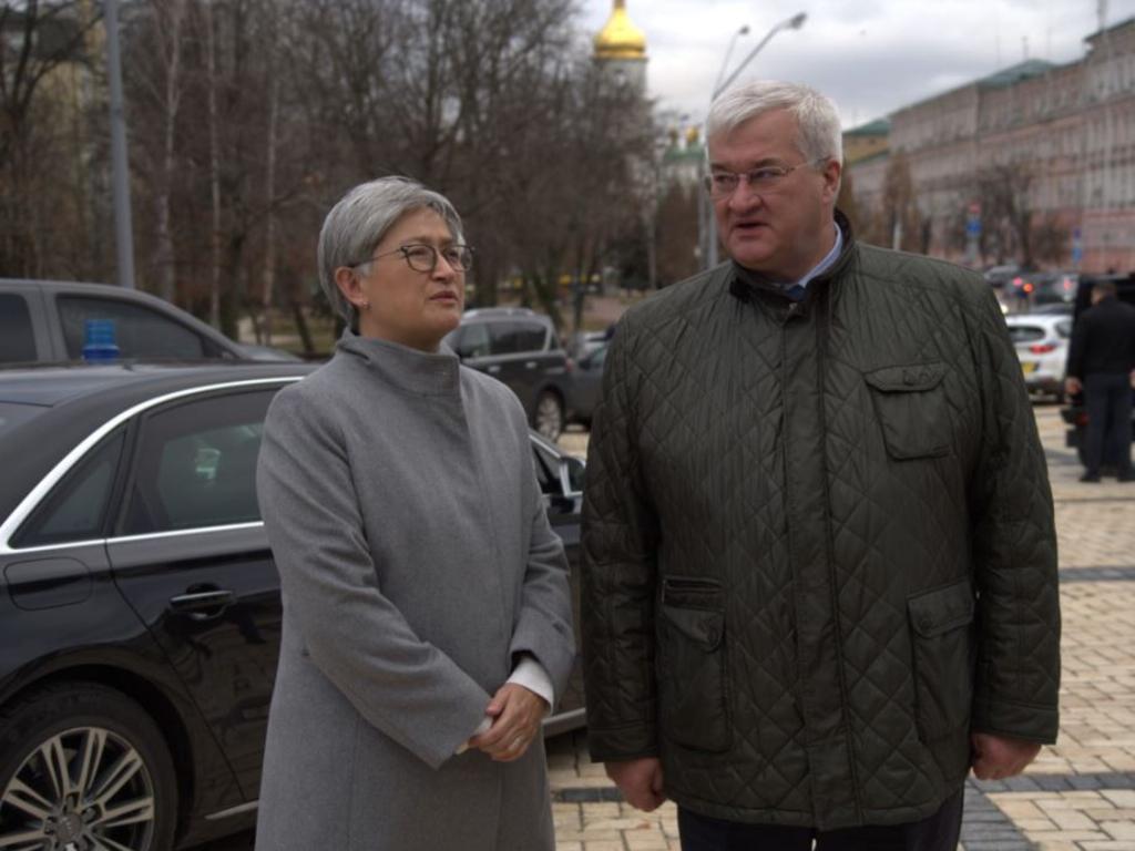 Penny Wong with Andrii Sybiha, is in Ukraine to re-open Australia’s embassy. Picture: Mazoe Ford