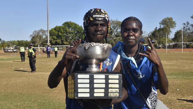 The Buffaloes following the win in the Tiwi Island Football League grand final between Tuyu Buffaloes and Pumarali Thunder. Picture: Max Hatzoglou