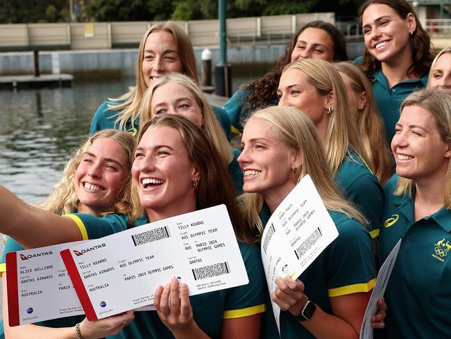SYDNEY, AUSTRALIA - MAY 09: Matilda Kearns and members of the Australian Women's Water Polo team pose for a selfie during the Australian 2024 Paris Olympic Games Water Polo Squad Announcement at Dawn Fraser Baths on May 09, 2024 in Sydney, Australia. (Photo by Cameron Spencer/Getty Images)