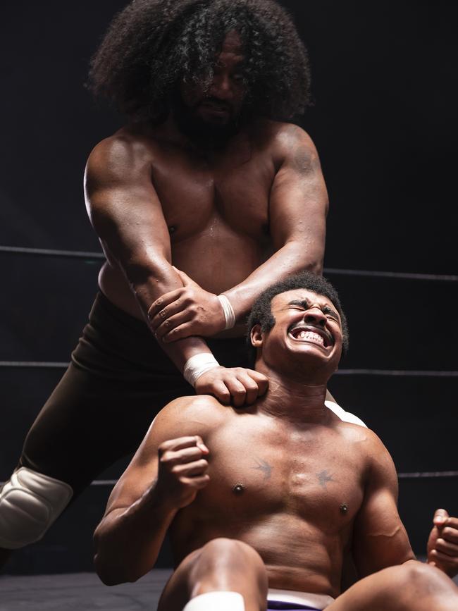 Joseph Lee Anderson as Rocky Johnson in one of the wrestling scenes in Young Rock. Picture: Mark Taylor/NBC