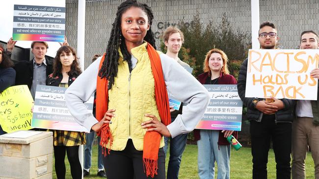 Grace Williams director of Citizen Tasmania. Anti-racism vigil outside Clarence City Council in response to Alderman Brendan Blomeley posting pictures of golliwogs on his Facebook page. Picture Nikki Davis-Jones