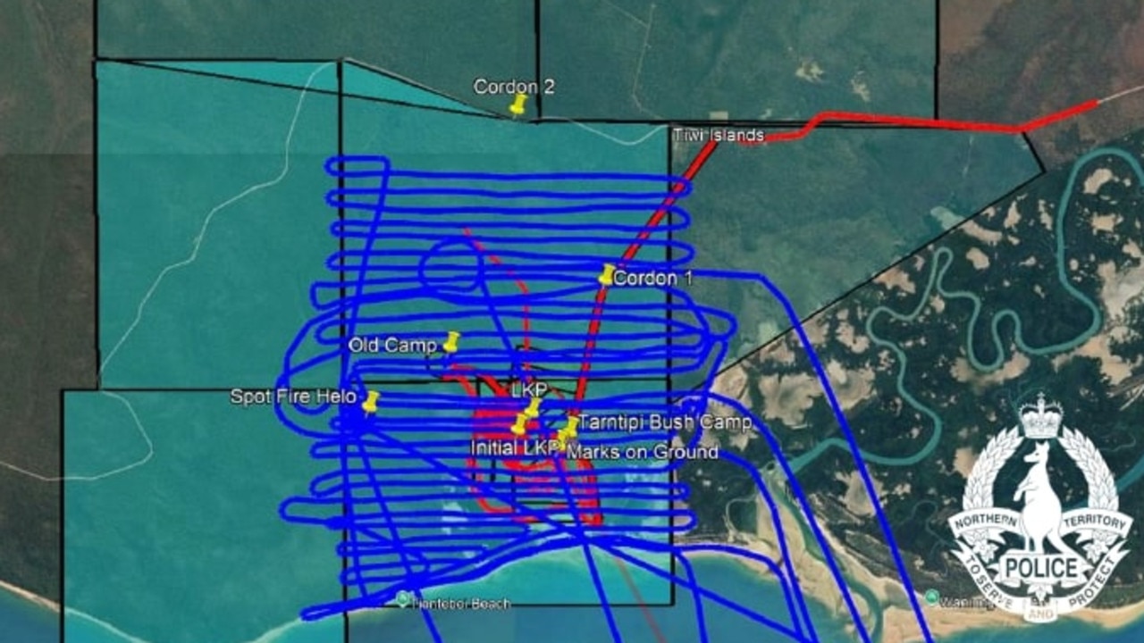 Helicopter flight path. Barry Kantilla has been found safe and well after a major search effort on the Tiwi Islands. Picture: NT Police.