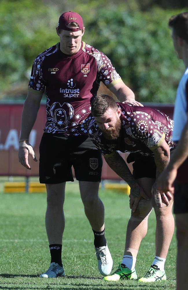 Josh McGuire suffered an injury scare at Maroons training at Sanctuary Cove. Pic: Peter Wallis