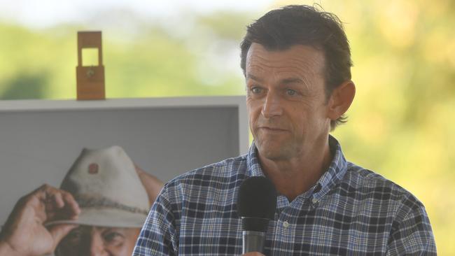 Adam Gilchrist speaking at the memorial service for Andrew Symonds in Townsville. Picture: Evan Morgan