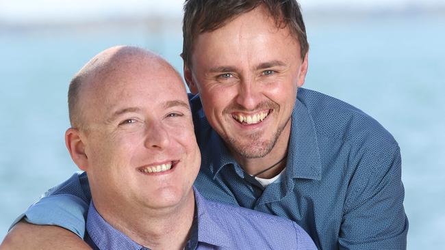 Geelong couple Jonathan Condron and Aden Hemmerling will be hoping for a Yes result. Picture: Mike Dugdale