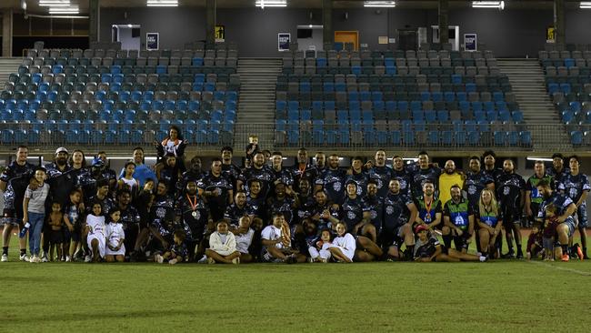 Indigenous All Stars and Territory All Stars celebrating after 2023 Deadly Cup Carnival men’s match. Picture: Pema Tamang Pakhrin