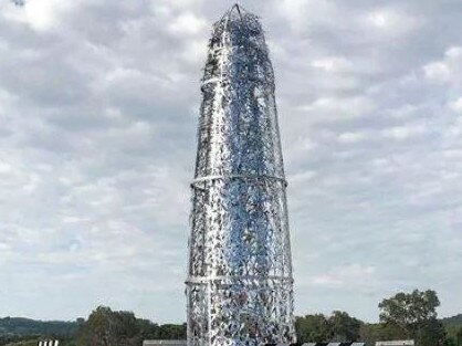 Stage one of the installation of Corey Thomas's 12 metre tall lighthouse sculpture on the new Bayshore Drive Roundabout at Byron Bay. Photo: Supplied