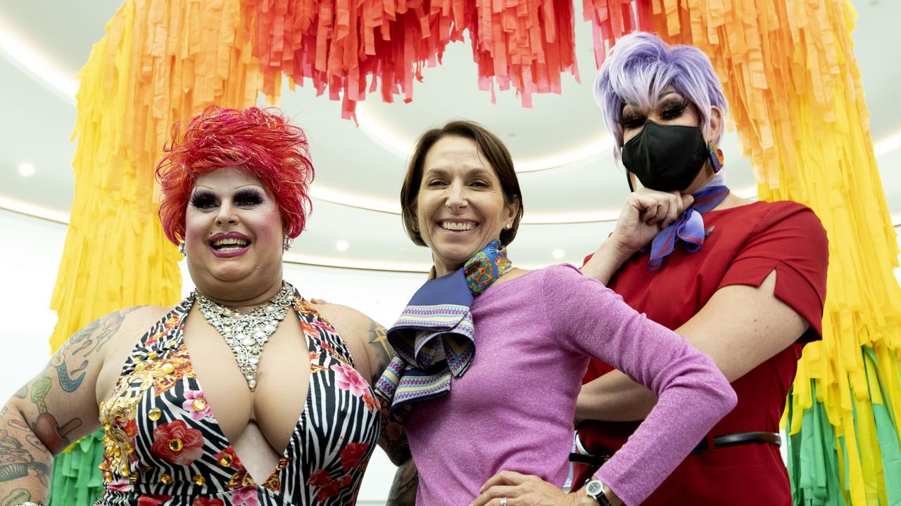 Virgin CEO Jayne Hrdlicka flanked by drag queens Maxi Shield (left) and Penny Tration (right) as Virgin celebrates the lead-up to Mardi Gras. Picture: NCA NewsWire/Sarah Marshall