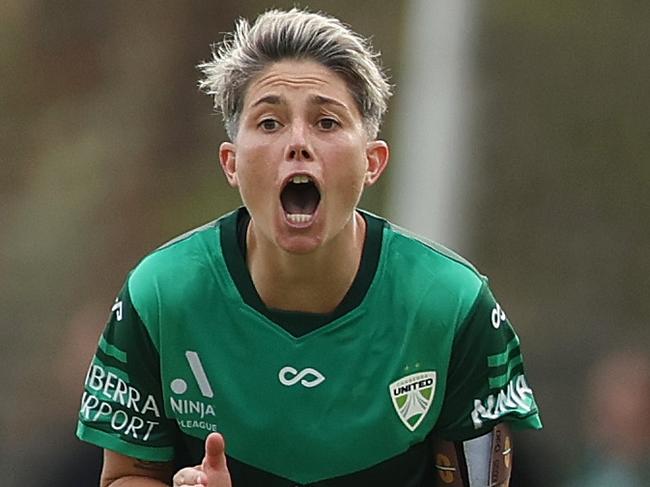 CANBERRA, AUSTRALIA - FEBRUARY 08: Michelle Heyman of Canberra United celebrates scoring a goal during the round 15 A-League Women's match between Canberra United and Central Coast Mariners at McKellar Park, on February 08, 2025, in Canberra, Australia. (Photo by Mark Metcalfe/Getty Images)