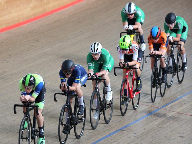 Cyclists warm up in the Shimano Sydney Cup at the Dunc Gray Velodrome in Bass Hill on 2018. Picture: Robert Pozo