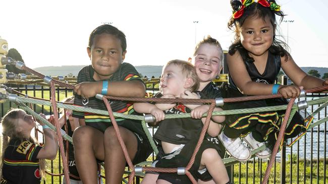 Boyd 5 Takitaki, Jamie Watson 5, Kaylen Watson 2 and Notti Takitaki 3 pose for a photo at Panthers Rugby Leagues club. Picture:NewsWire / Monique Harmer