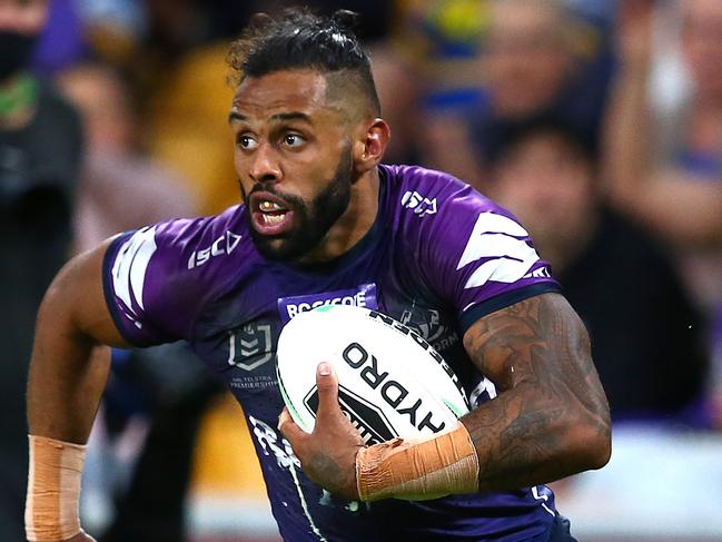 BRISBANE, AUSTRALIA - OCTOBER 03: Josh Addo-Carr of the Storm runs in for a try with during the NRL Qualifying Final match between the Melbourne Storm and the Parramatta Eels at Suncorp Stadium on October 03, 2020 in Brisbane, Australia. (Photo by Jono Searle/Getty Images)