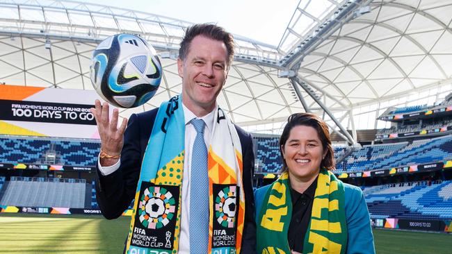 NSW Premier Chris Minns pictured at the Sydney Football Stadium with former Matilda Sarah Walsh. Picture: NCA NewsWire / David Swift
