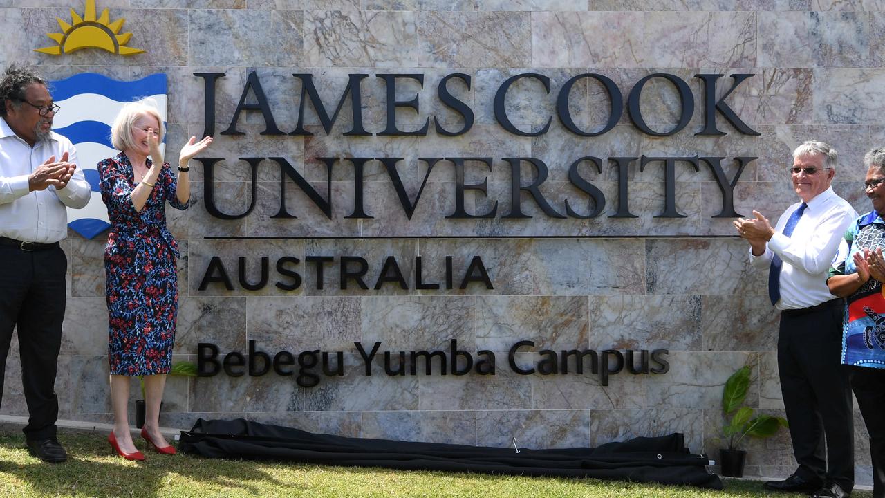 Pro Vice Chancellor, Indigenous Education and Strategy, Prof Martin Nakata, JCU Vice Chancellor Professor Sandra Harding, JCU Chancellor Bill Tweddell and Bindal elder Aunty Dorothy Savage. PICTURE: MATT TAYLOR.