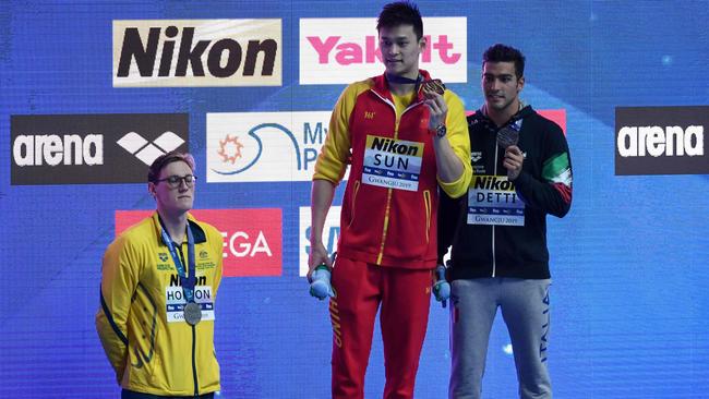 Silver medallist Australia's Mack Horton refuses to stand on the podium with gold medallist China's Sun Yang and bronze medallist Italy's Gabriele Detti after the final of the men's 400m freestyle event during the swimming competition at the 2019 World Championships in Gwangju, South Korea. Picture: Ed Jones / AFP