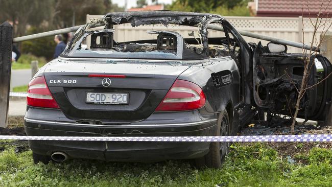 The burnt-out car in Meadow Heights Rachel Cowling and her crew thought they were heading to. Picture: Sarah Matray