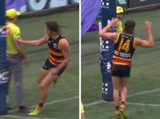 Jake Soligo after kicking a goal during Adelaide's Round 4 clash against Fremantle.