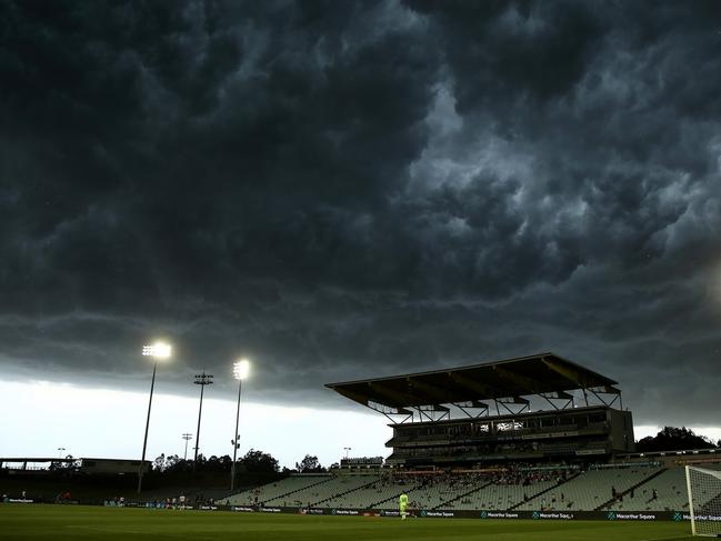 Storm clouds form during the round 17 A-League Men's match between Macarthur FC and Newcastle Jets. Picture: Getty Images