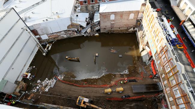 A bird’s eye view of the inundated Myer redevelopment site in Murray St. Picture: SAM ROSEWARNE