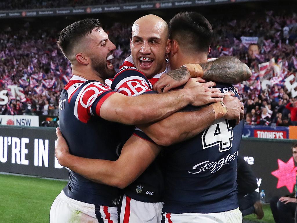 Roosters Joseph Manu scores a try during the 2018 NRL Grand Final between the Sydney Roosters and Melbourne Storm at ANZ Stadium. Picture. Phil Hillyard