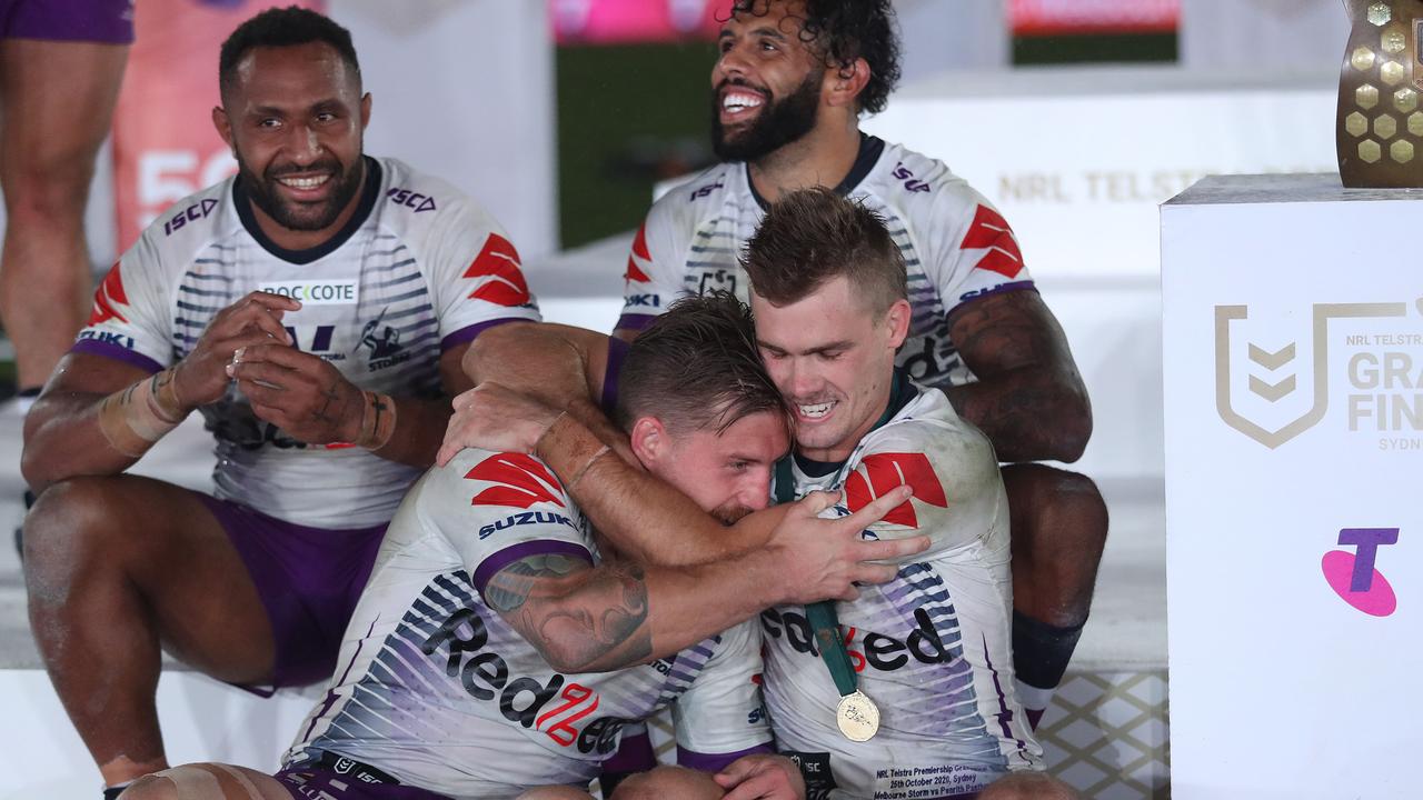 Premiership winning teammates Cameron Munster, Ryan Papenhuyzen and Josh Addo-Carr were all named in the Kangaroos merit team Picture: Brett Costello