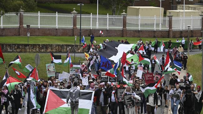 About 200 protesters travelled from across the country to protest outside the US and Israel. Picture: NCA NewsWire / Martin Ollman