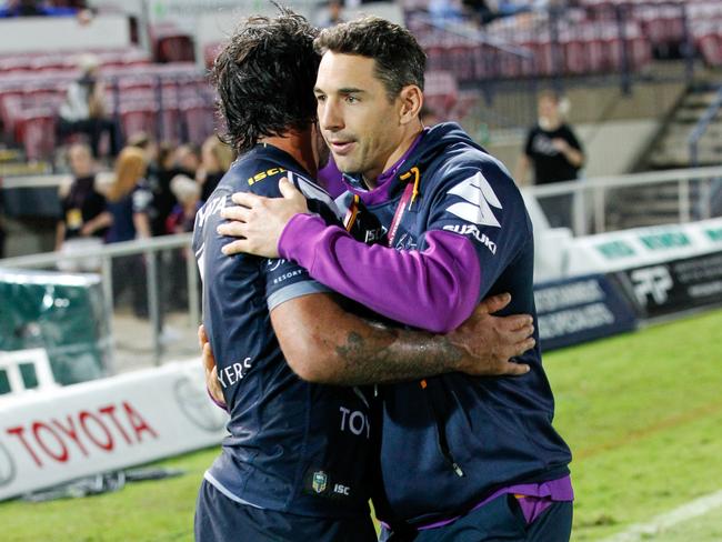 Johnathan Thurston and Billy Slater after a club game this year. Picture: AAP