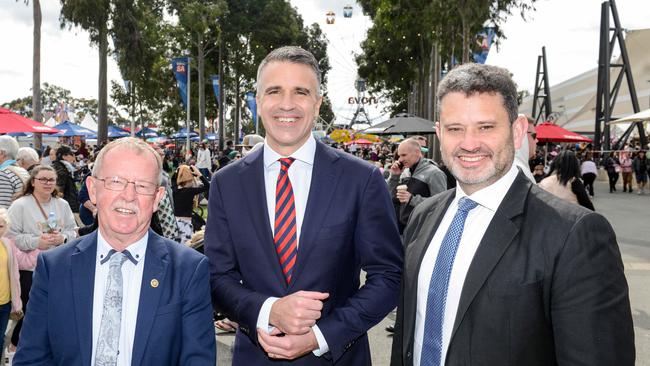 Geoff Brock, Premier Peter Malinauskas and Attorney-General Kyam Maher at the Royal Show. Picture: Brenton Edwards