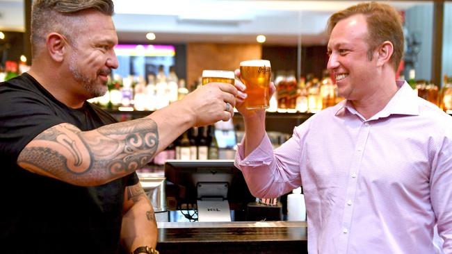 Deputy Premier Steven Miles (right) has a beer in 2021 with Greg Kimmings from Easy Time Brewing.