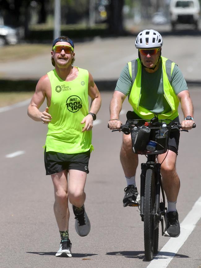 Jack "The Crazy Running Man" Hanley, with his uncle the Clumsy Riding Man, has reached Townsville in his mammoth journey of running 100 kilometers every single day for 100 consecutive days. Picture: Evan Morgan