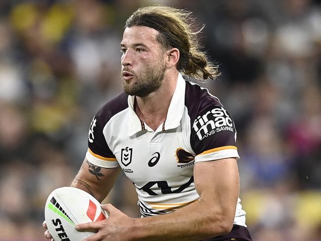 TOWNSVILLE, AUSTRALIA - AUGUST 10: Patrick Carrigan of the Broncos runs the ball during the round 23 NRL match between North Queensland Cowboys and Brisbane Broncos at Qld Country Bank Stadium, on August 10, 2024, in Townsville, Australia. (Photo by Ian Hitchcock/Getty Images)