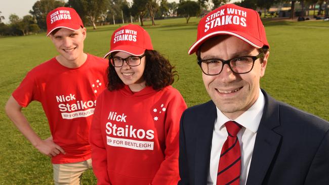 Nick “stick with” Staikos with volunteers Will Broadbent and Breanna Thomas at King George Reserve, Bentleigh East. Picture: Chris Eastman