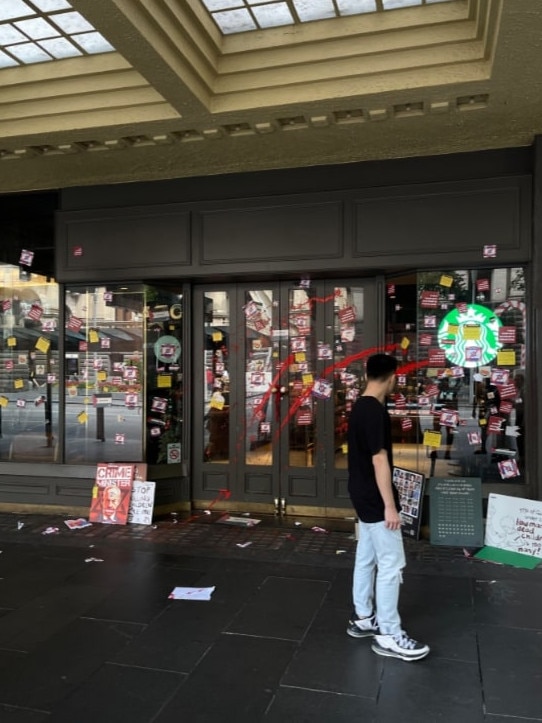 A Starbucks store was reportedly closed after being plastered with pro-Palestine material. Picture: Reddit