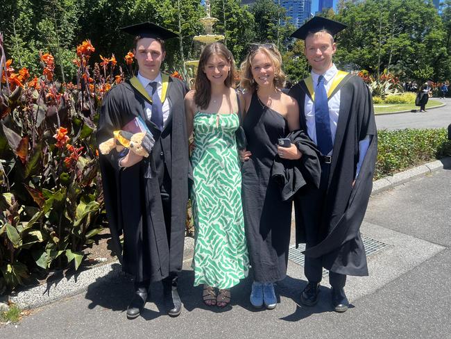 Will Vinnicombe (Master of Civil Engineering), Maggie Grigg (Master of Environmental Engineering), Sophie O’Connor (Master of Environment) and Ben Pompe (Master of Civil Engineering) at the University of Melbourne graduations held at the Royal Exhibition Building on Friday, December 13, 2024. Picture: Jack Colantuono