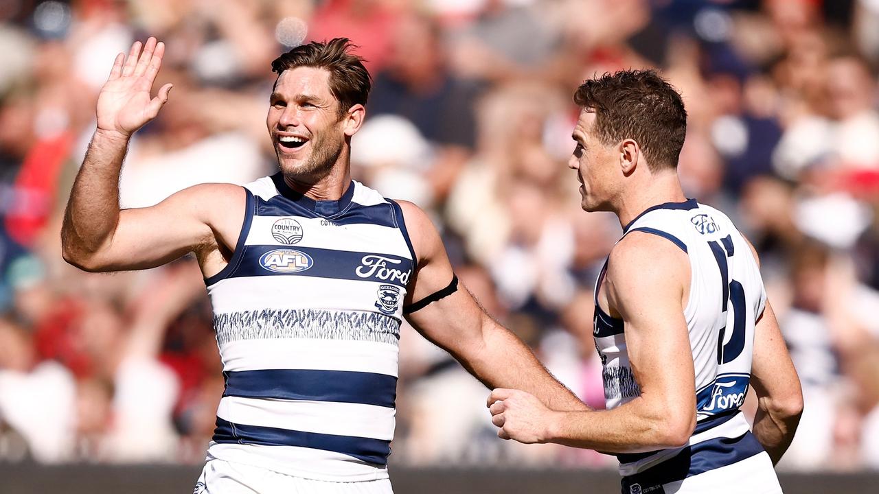 om Hawkins and Jeremy Cameron were unstoppable last time against the Bombers. Picture: Getty Images