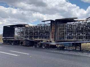 The remains of an Australia Post semi-trailer after it caught alight on Tuesday night. Picture: NINE NEWS