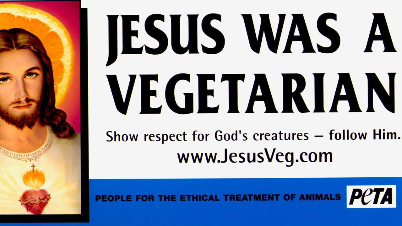 APRIL 2000 - This handout graphic is on a billboard off Interstate 55 near Madison, Miss., depicting an image of Jesus and claiming he was a vegetarian. The billboard is part of a national campaign by the People for the Ethical Treatment of Animals that asks people to respect God's creatures by not eating them. However, the board is also drawing attention of religious groups, college theology professors and motorists. (AP Photo/PETA, HO).