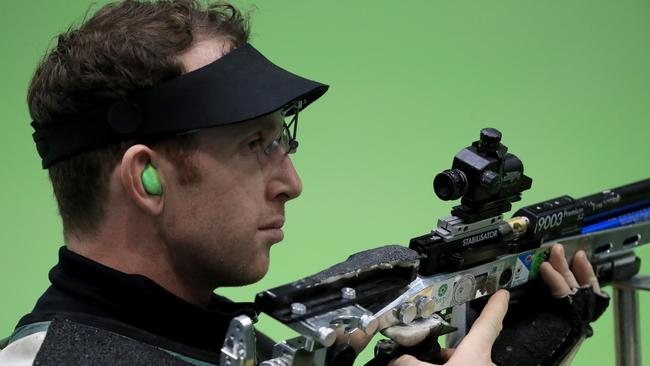 RIO DE JANEIRO, BRAZIL — AUGUST 04: Dane Sampson of Australia shoots in a training session prior to the start of the Rio 2016 Olympic Games at the Olympic Shooting Centre on August 4, 2016 in Rio de Janeiro, Brazil. (Photo by Sam Greenwood/Getty Images)