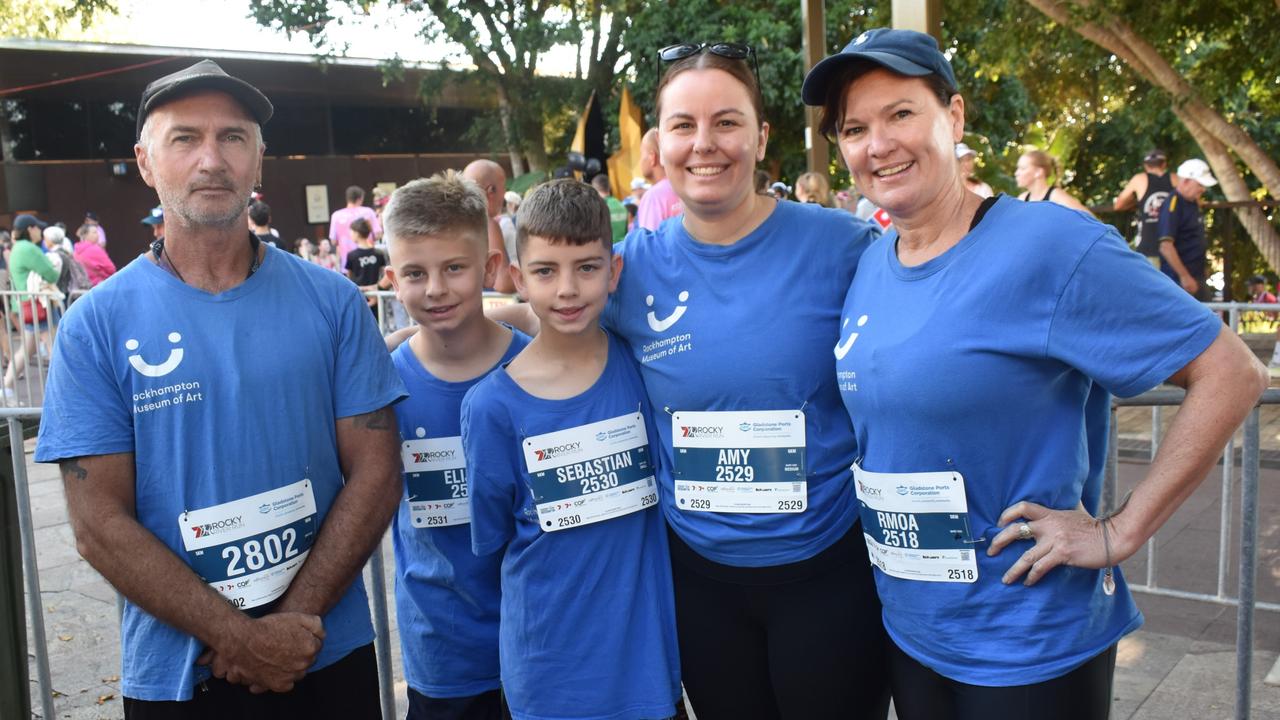 Rockhampton Museum of Art team members Brendon Tohill, Elijah, Sebastian and Amy Johnston and Helen Kavanagh at the annual Rocky River Run in Rockhampton on May 18, 2025.