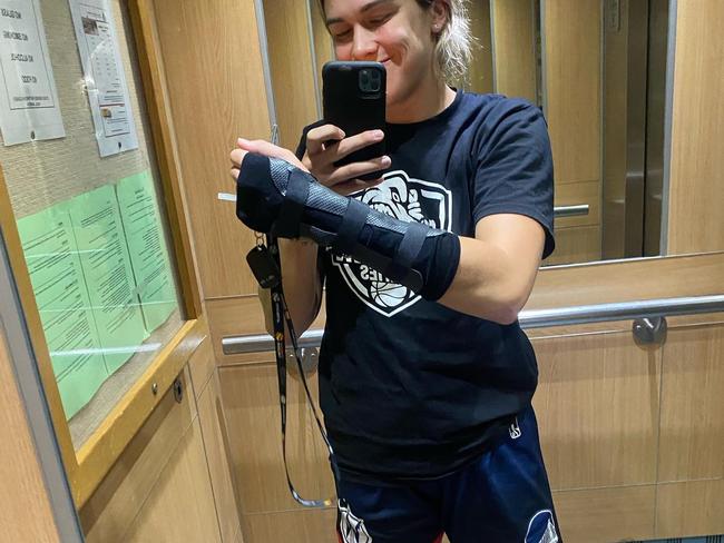 Erin Bollmann after injuring her wrist while playing for the Darwin Salties. Picture: Facebook.