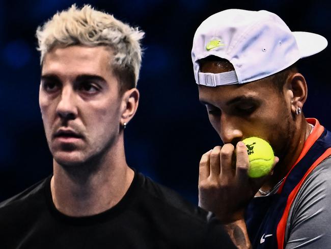 Australia's Nick Kyrgios (R) and Australia's Thanasi Kokkinakis react during their men's double round-robin match against Britain's Neal Skupski and The Netherlands Wesley Koolhof at the ATP Finals tennis tournament on November 14, 2022 in Turin. (Photo by Marco BERTORELLO / AFP)