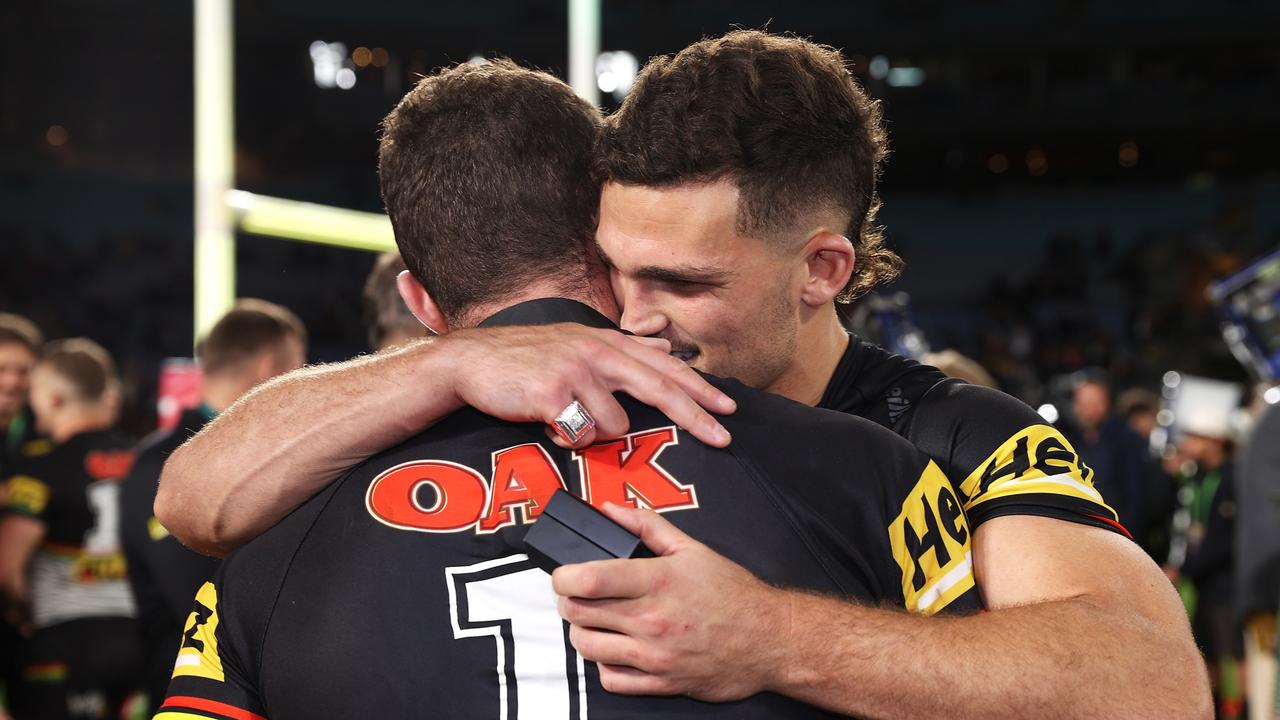 Dylan Edwards and Nathan Cleary embrace after the grand final. Picture: Mark Kolbe/Getty Images