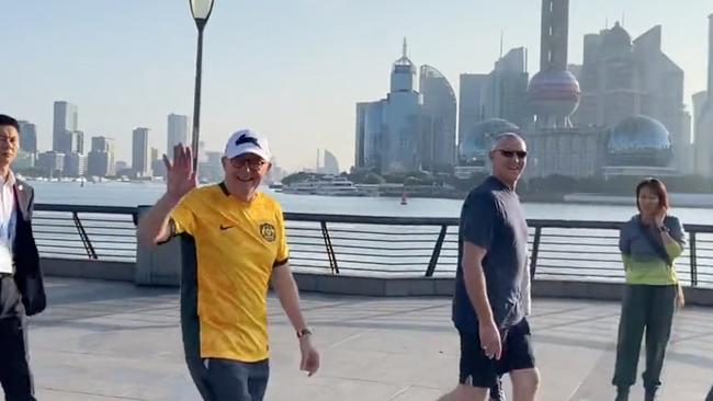 Mr Albanese on a walk in Shanghai. ‘Before the election, we said to the Australian people we would work to stabilise the relationship with China without compromising our sovereign interests.’