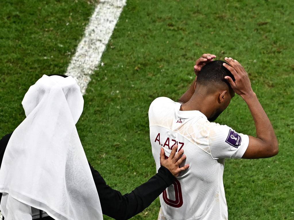 Qatar's midfielder #06 Hatim Abdelaziz reacts at the end of the Qatar 2022 World Cup Group A football match between the Netherlands and Qatar. Picture: Anne-Christine Poujoulat/AFP